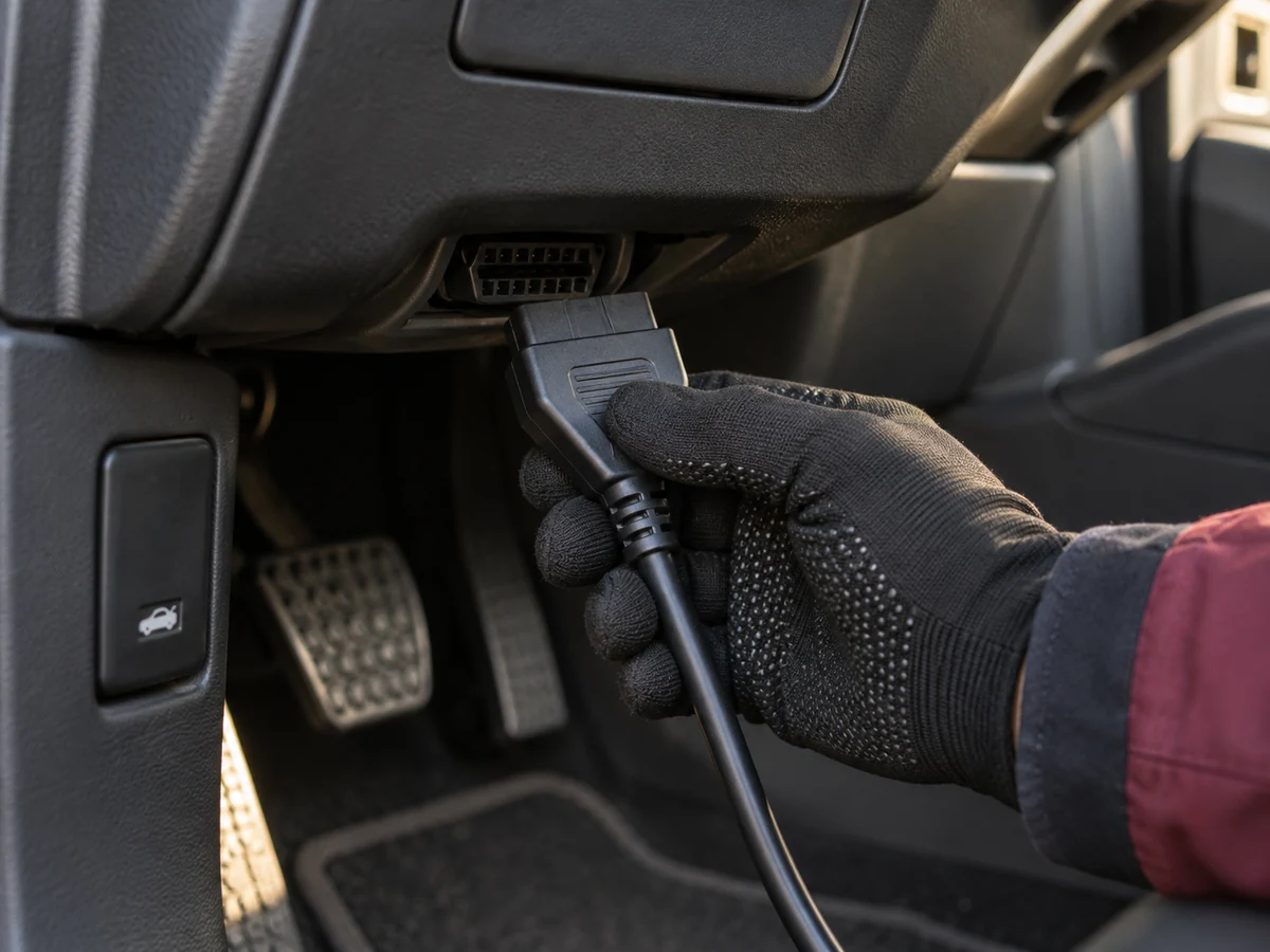 Diagnoseanschluss: ein Stecker wird mit dem Diagnoseanschluss eines Fahrzeugs verbunden